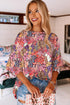 Floral Print Shirred 3/4 Sleeve Tunic Blouse