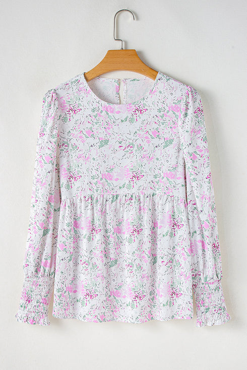 Floral Print Shirred Bodice Balloon Sleeve Babydoll Blouse