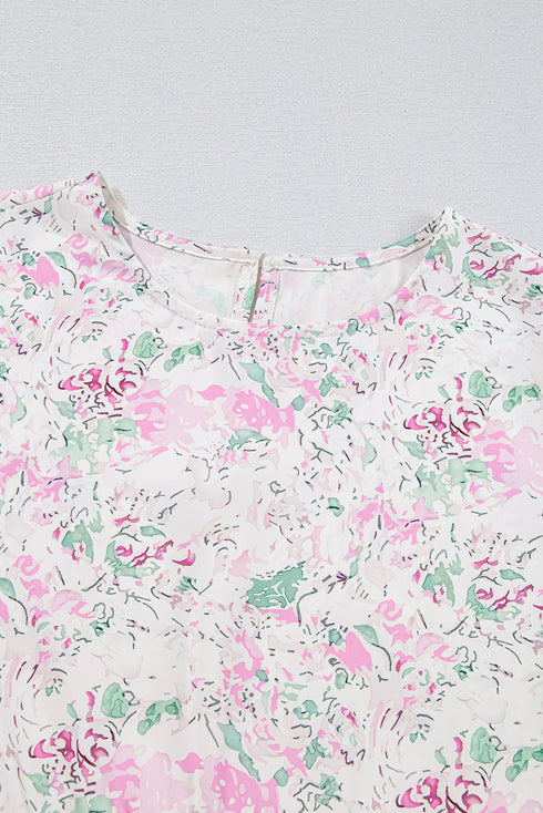 Floral Print Shirred Bodice Balloon Sleeve Babydoll Blouse