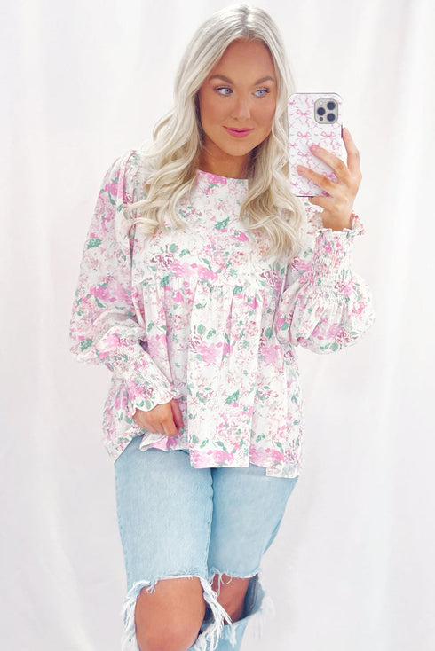 Floral Print Shirred Bodice Balloon Sleeve Babydoll Blouse
