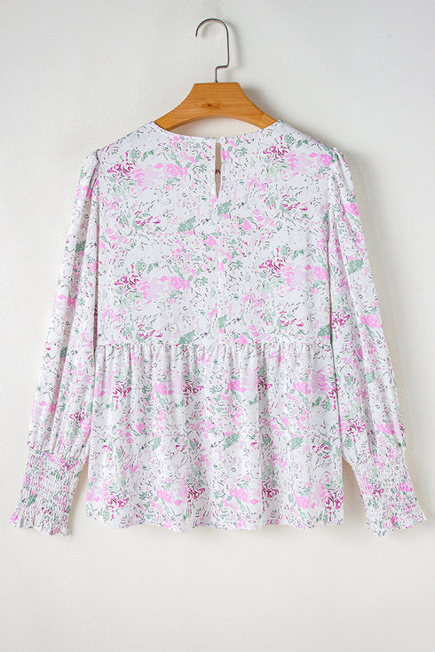 Floral Print Shirred Bodice Balloon Sleeve Babydoll Blouse