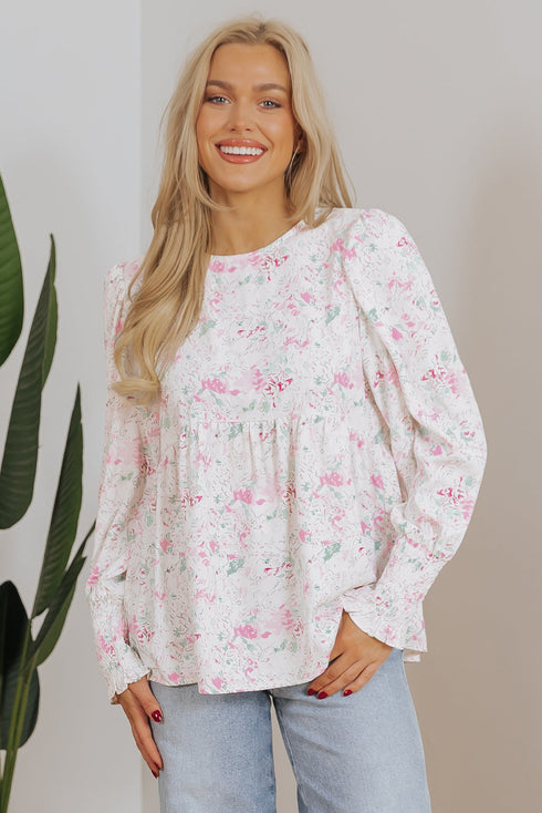 Floral Print Shirred Bodice Balloon Sleeve Babydoll Blouse