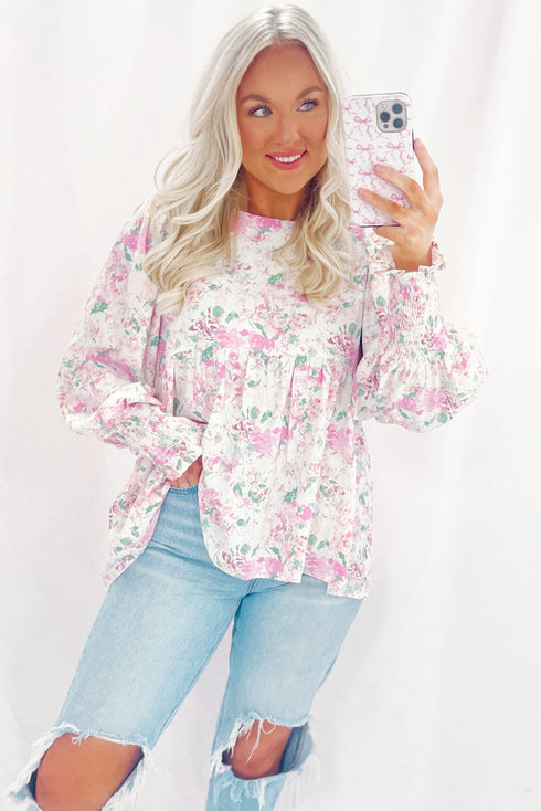 Floral Print Shirred Bodice Balloon Sleeve Babydoll Blouse
