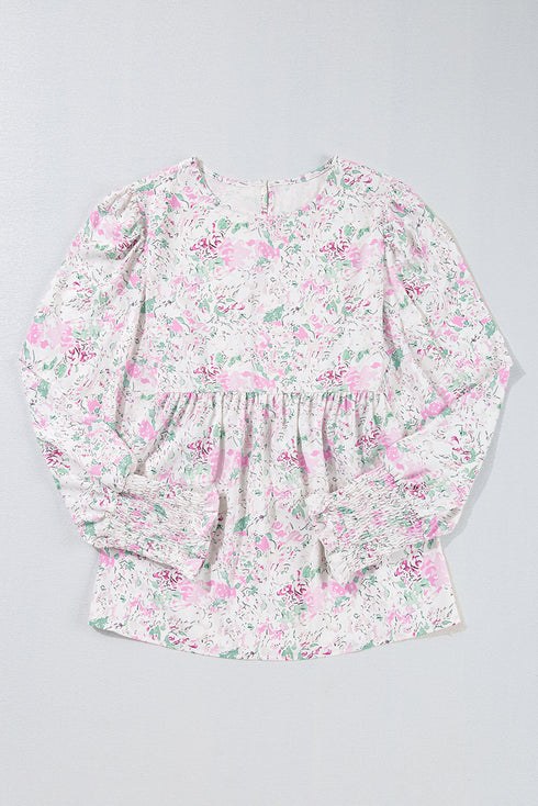 Floral Print Shirred Bodice Balloon Sleeve Babydoll Blouse