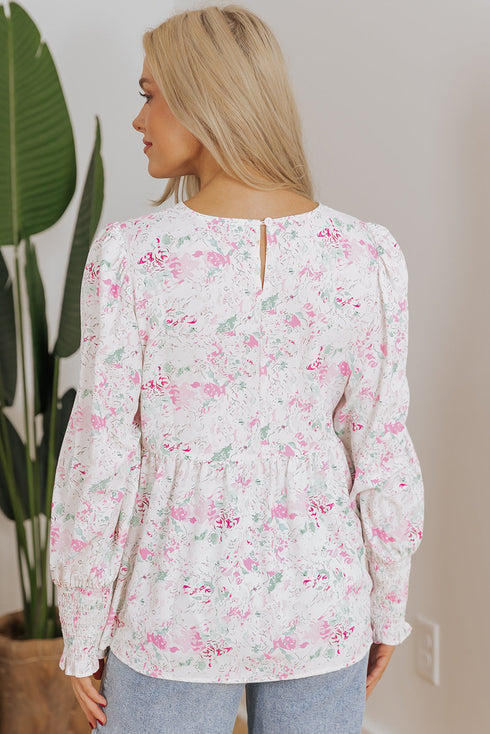 Floral Print Shirred Bodice Balloon Sleeve Babydoll Blouse