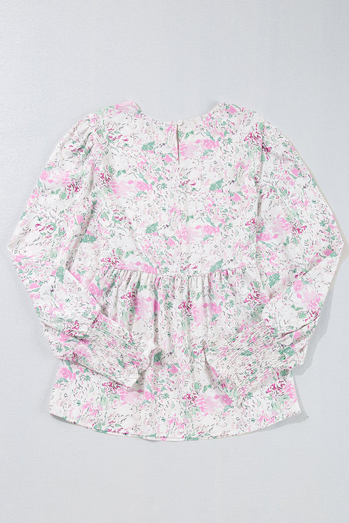 Floral Print Shirred Bodice Balloon Sleeve Babydoll Blouse