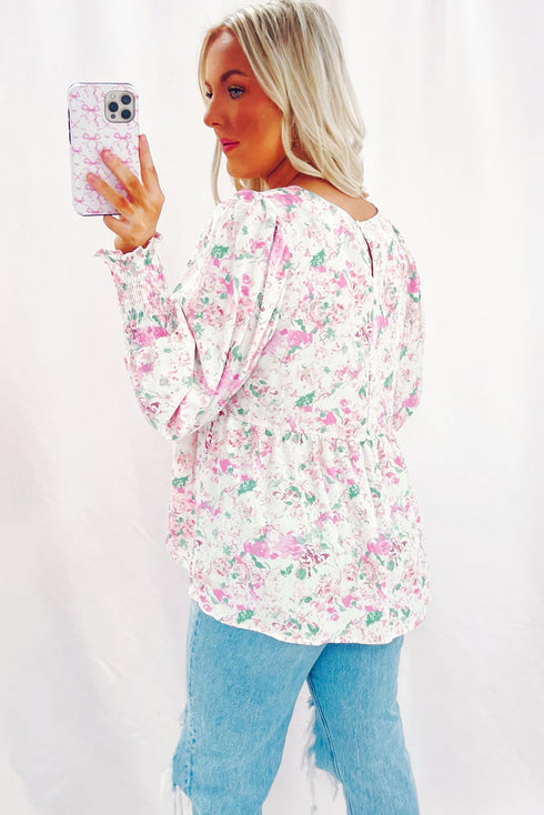 Floral Print Shirred Bodice Balloon Sleeve Babydoll Blouse