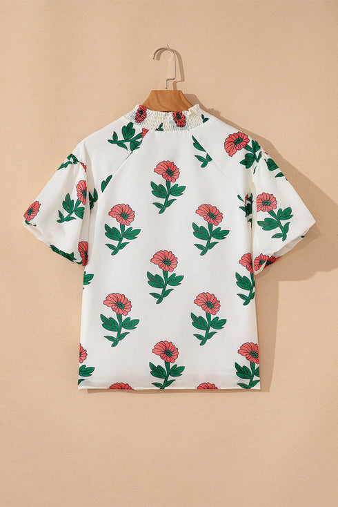 Floral Print Shirred Detail Split Neck Short Sleeve Blouse