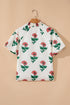 Floral Print Shirred Detail Split Neck Short Sleeve Blouse