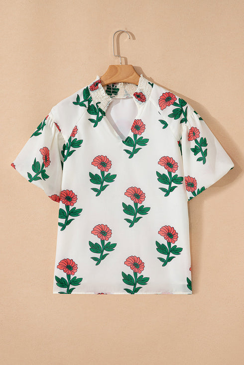 Floral Print Shirred Detail Split Neck Short Sleeve Blouse