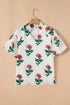 Floral Print Shirred Detail Split Neck Short Sleeve Blouse