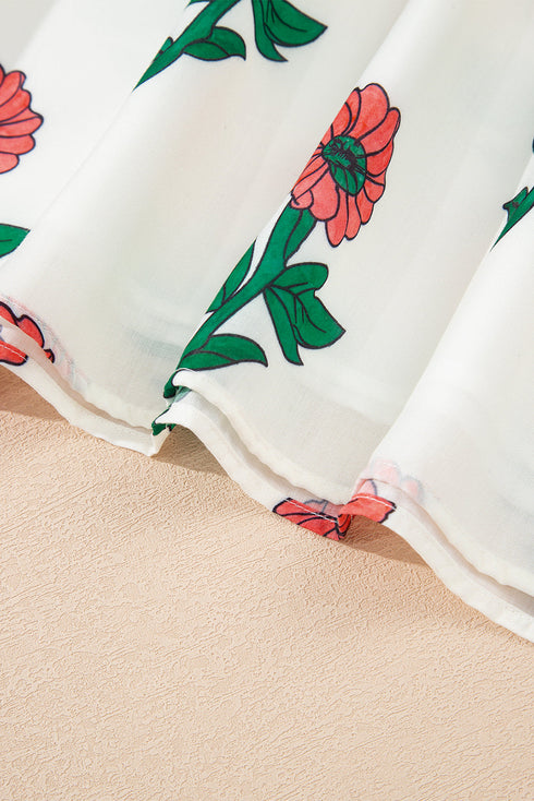 Floral Print Shirred Detail Split Neck Short Sleeve Blouse