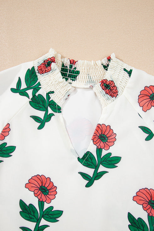Floral Print Shirred Detail Split Neck Short Sleeve Blouse