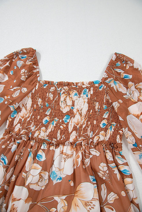 Floral Print Shirred Square Neck High Waist Maxi Dress