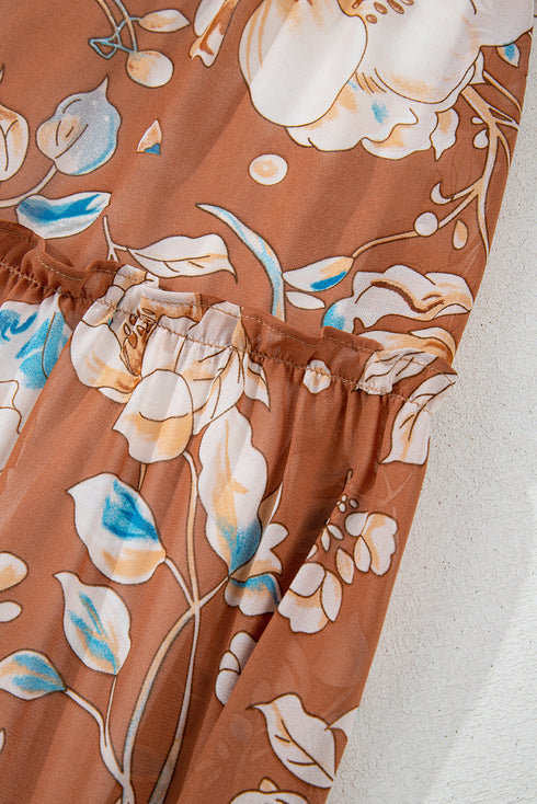 Floral Print Shirred Square Neck High Waist Maxi Dress