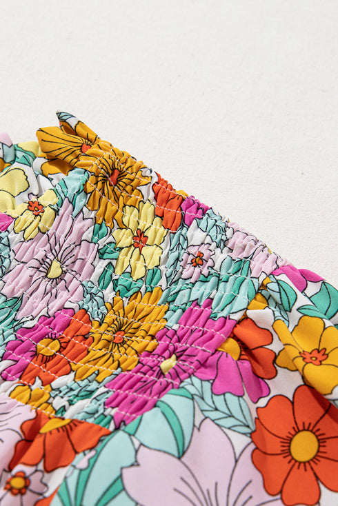 Floral Print Shirred Tiered Ruffled Sleeve Blouse