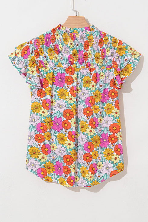 Floral Print Shirred Tiered Ruffled Sleeve Blouse