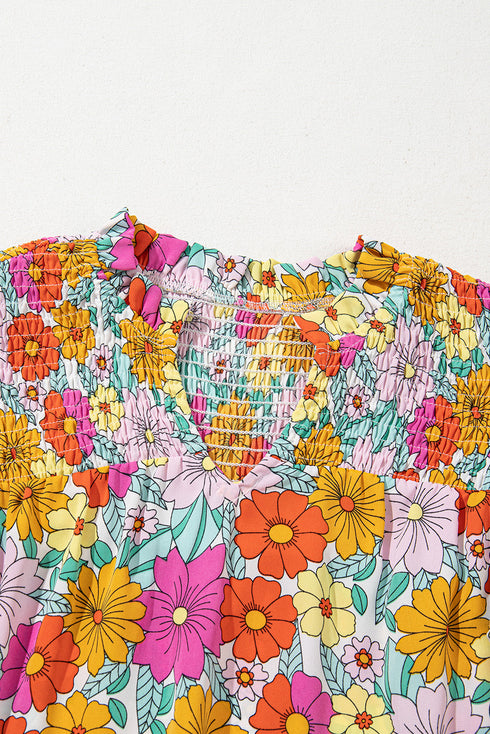 Floral Print Shirred Tiered Ruffled Sleeve Blouse