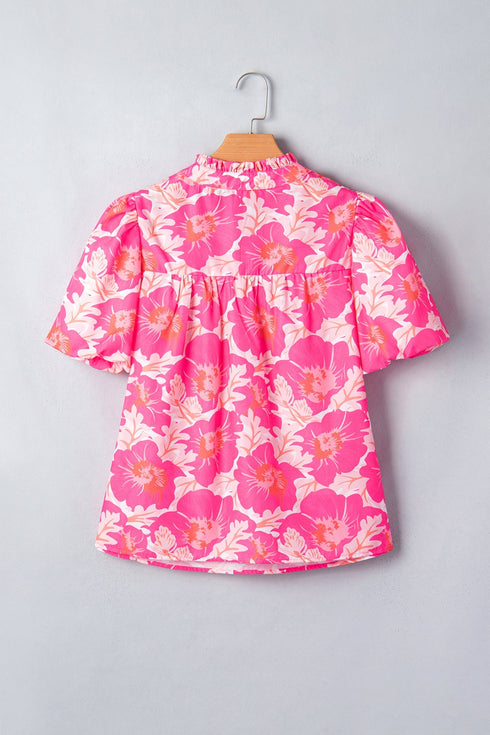 Floral Print Short Puff Sleeve Southern Belle Blouse