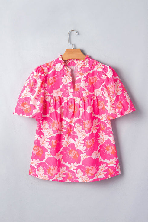 Floral Print Short Puff Sleeve Southern Belle Blouse