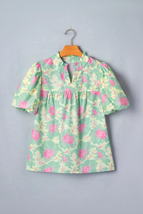 Floral Print Short Puff Sleeve Southern Belle Blouse