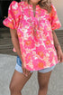 Floral Print Short Puff Sleeve Southern Belle Blouse