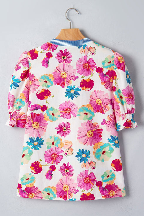 Floral Print Short Puff Sleeve Striped Trim V Neck Blouse