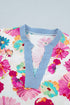 Floral Print Short Puff Sleeve Striped Trim V Neck Blouse