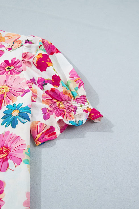 Floral Print Short Puff Sleeve Striped Trim V Neck Blouse