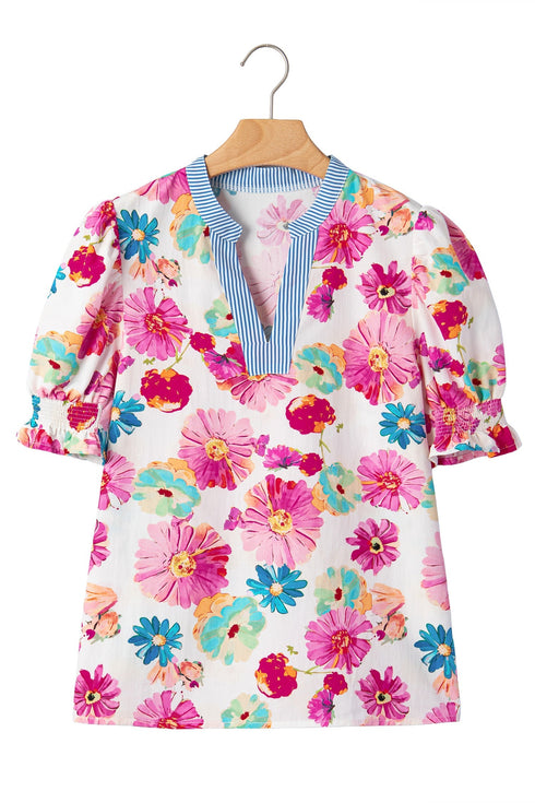 Floral Print Short Puff Sleeve Striped Trim V Neck Blouse