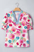 Floral Print Short Puff Sleeve Striped Trim V Neck Blouse
