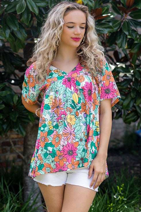 Floral Print Short Sleeve Babydoll Blouse