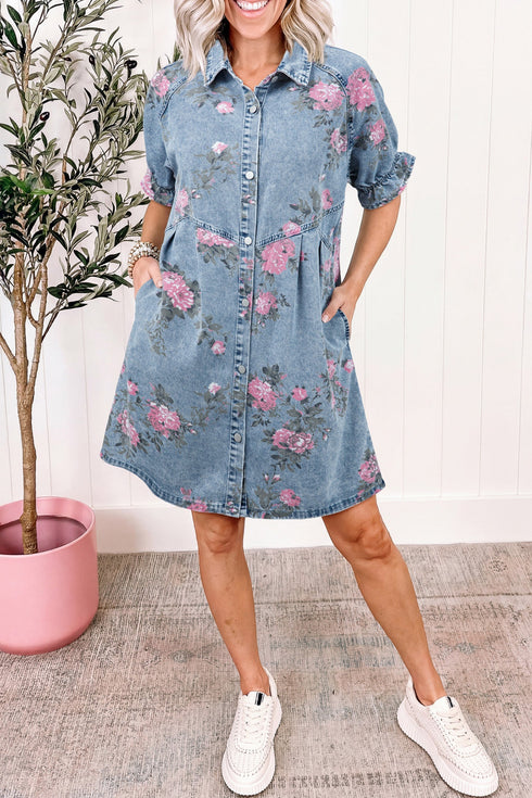 Floral Print Short Sleeve Button Down Denim Mini Dress