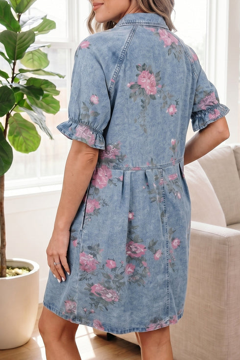Floral Print Short Sleeve Button Down Denim Mini Dress