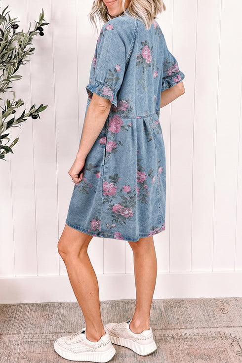 Floral Print Short Sleeve Button Down Denim Mini Dress