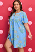 Floral Print Short Sleeve Split Neck Plus Size Mini Dress