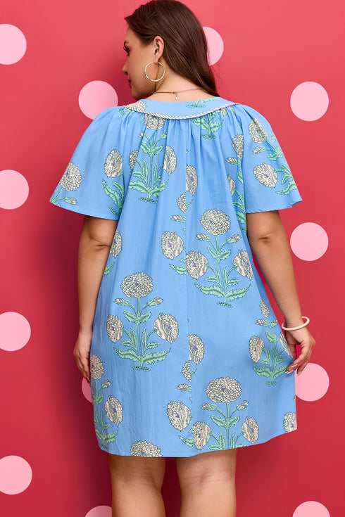 Floral Print Short Sleeve Split Neck Plus Size Mini Dress