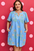 Floral Print Short Sleeve Split Neck Plus Size Mini Dress