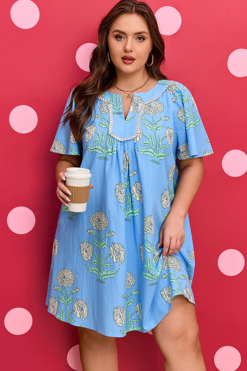 Floral Print Short Sleeve Split Neck Plus Size Mini Dress