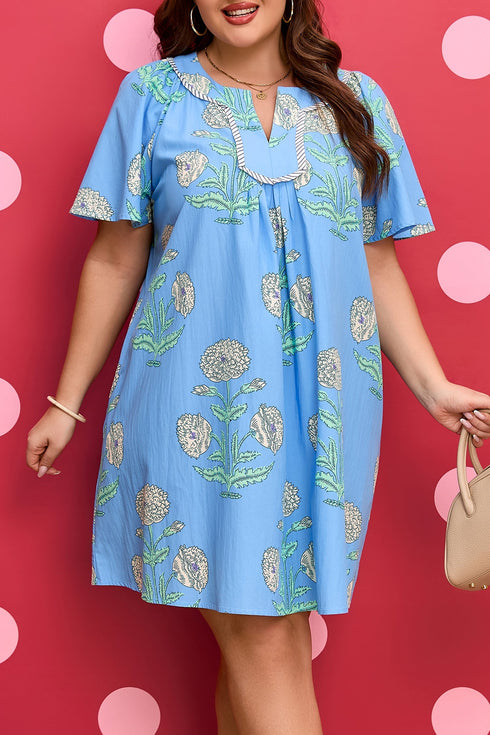 Floral Print Short Sleeve Split Neck Plus Size Mini Dress