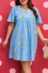 Floral Print Short Sleeve Split Neck Plus Size Mini Dress