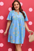 Floral Print Short Sleeve Split Neck Plus Size Mini Dress