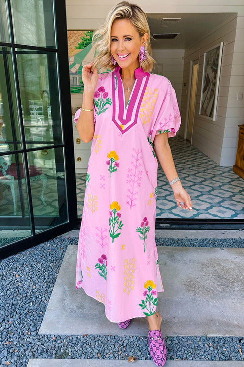 Floral Print Short Sleeve V Neck H Line Midi Dress