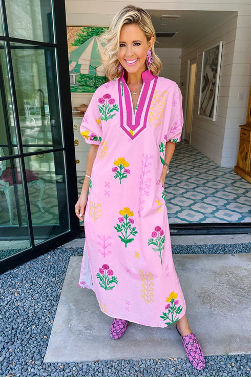 Floral Print Short Sleeve V Neck H Line Midi Dress
