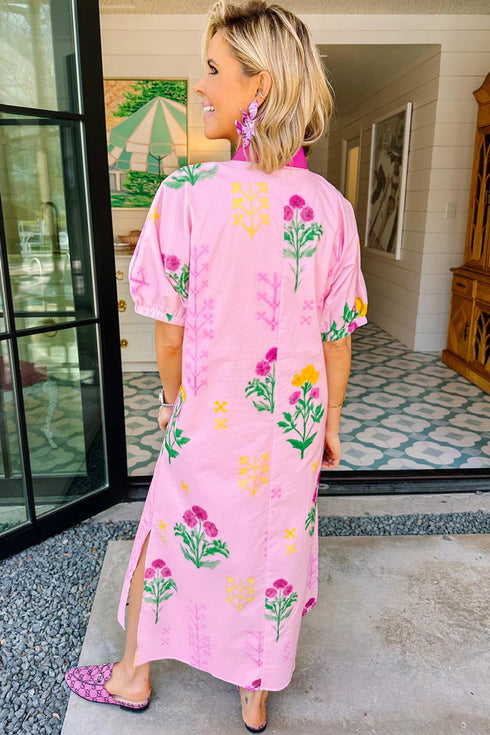 Floral Print Short Sleeve V Neck H Line Midi Dress