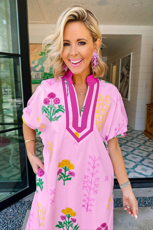 Floral Print Short Sleeve V Neck H Line Midi Dress