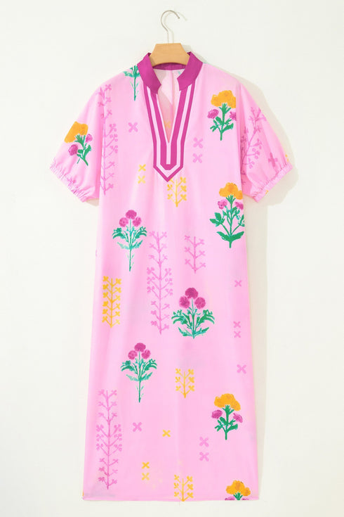 Floral Print Short Sleeve V Neck H Line Midi Dress