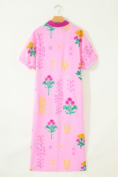 Floral Print Short Sleeve V Neck H Line Midi Dress