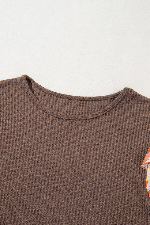 Floral Print Sleeve Waffle Knit Patchwork Round Neck Blouse