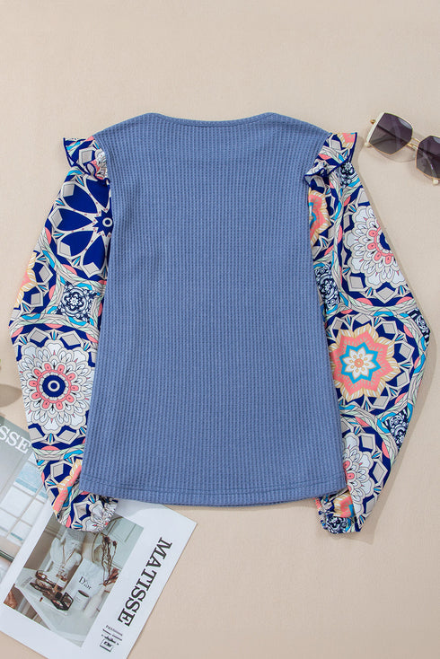 Floral Print Sleeve Waffle Knit Patchwork Round Neck Blouse